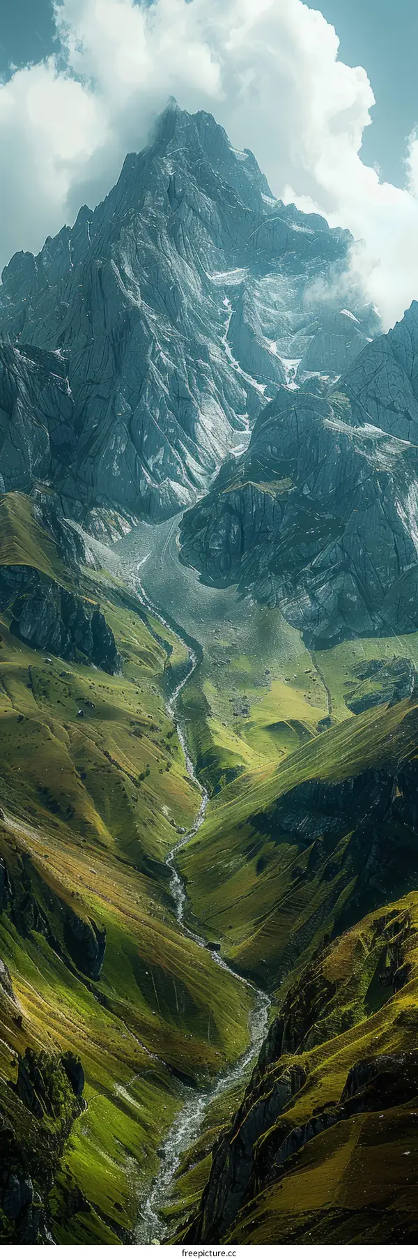 Mountain landscape with a river flowing through a valley
