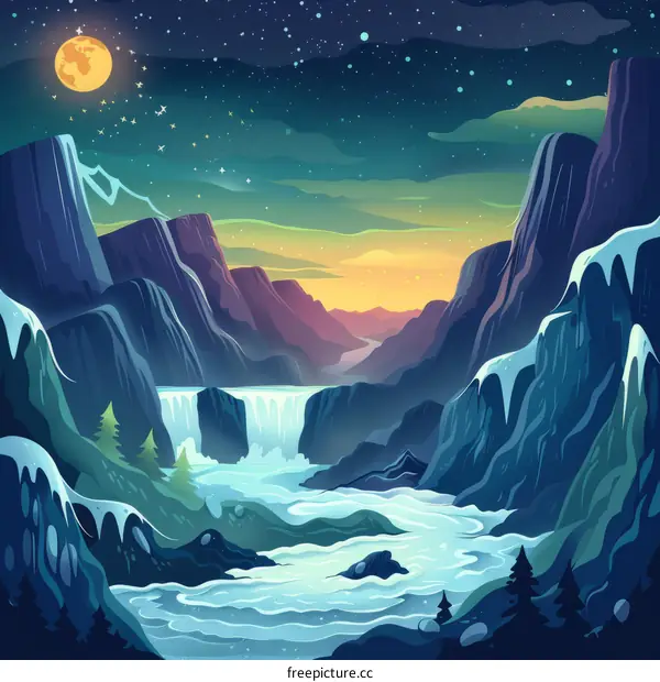 Moonlight over a Scenic Mountain Landscape with a River