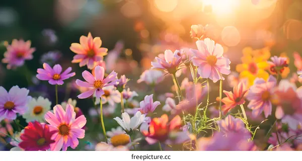 Close Up Pink And White Flowers In Sunlit Meadow