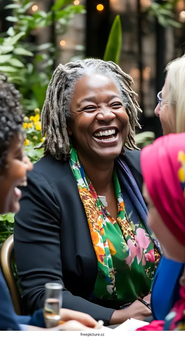 Smiling Woman with Dreadlocks Wearing a Floral Scarf