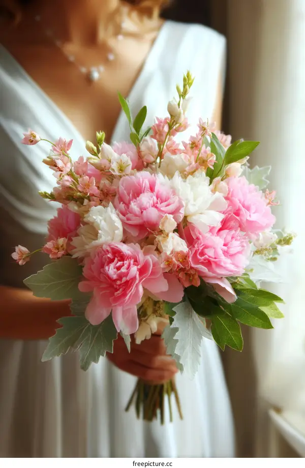 Beautiful Pink Peony Wedding Bouquet Held by a Woman