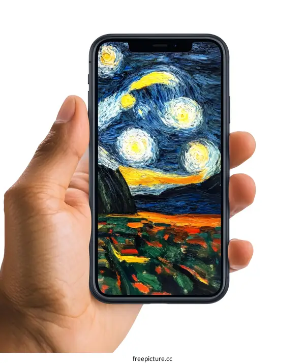 Hand Holding Smartphone with Starry Night Painting