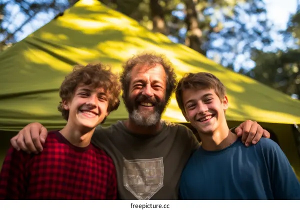 Happy family camping together in the woods
