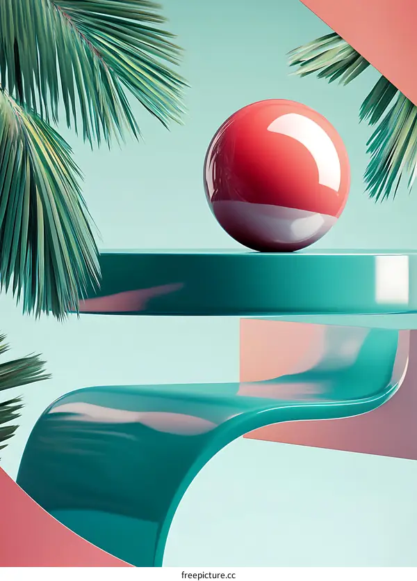 Abstract Minimalist Background with Tropical Leaves and Shiny Sphere