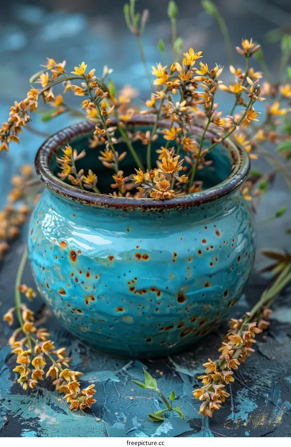 Blue ceramic vase with yellow flowers on a blue background
