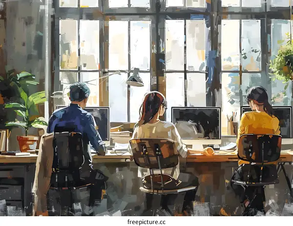 Three people working in an office