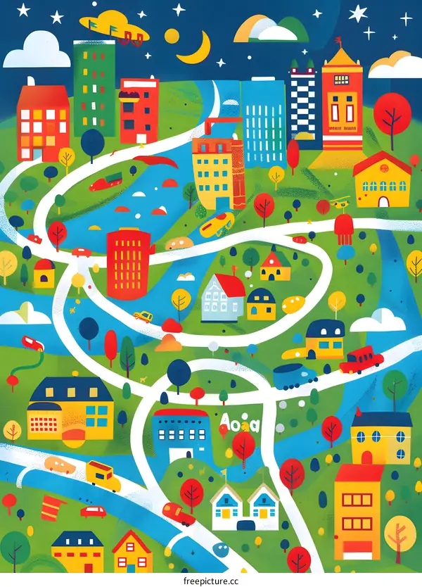 Colorful Illustration of a Small Town at Night