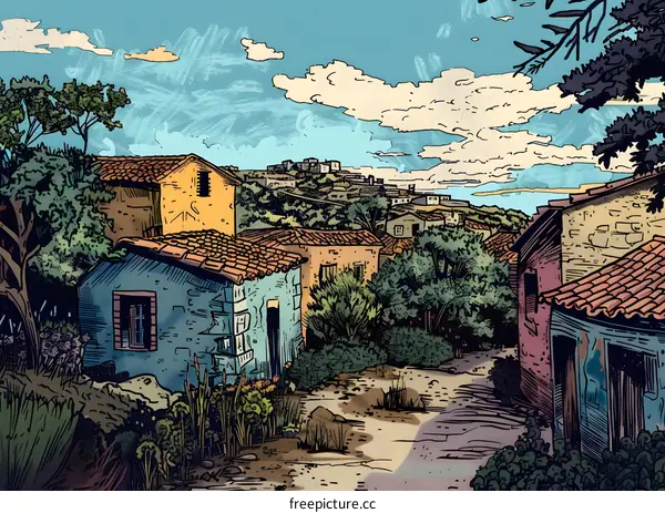 Illustration of a Village in the Countryside