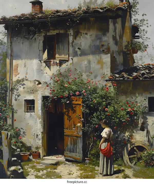 A woman standing in front of a rustic house