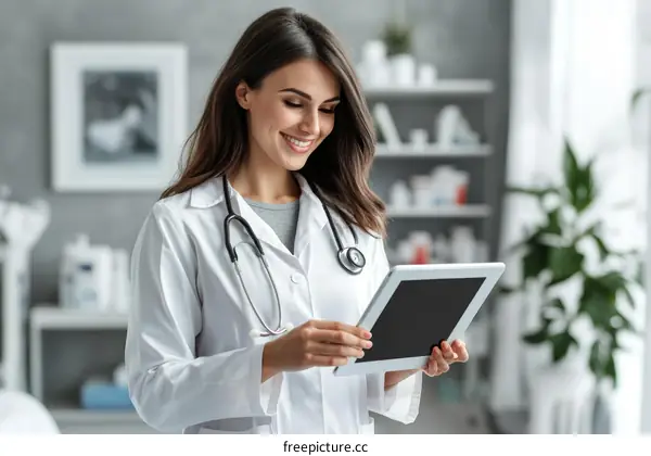 Female Doctor Using Tablet in Clinic Setting