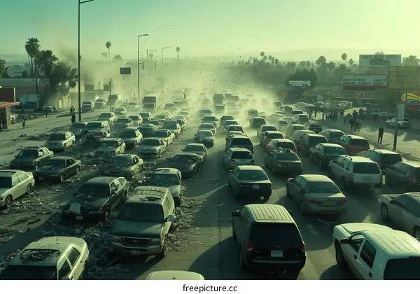Post-apocalyptic scene with cars on a highway