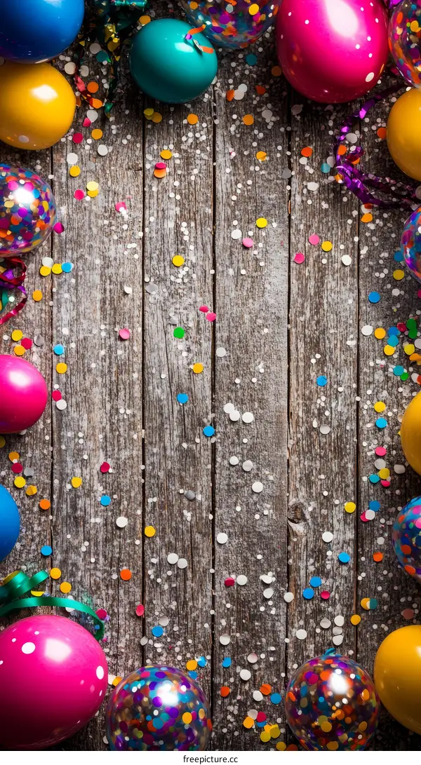 Colorful Balloons and Confetti on Wooden Background
