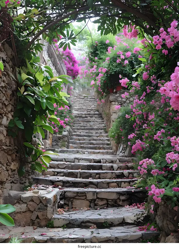 Stone stairs covered with pink flowers