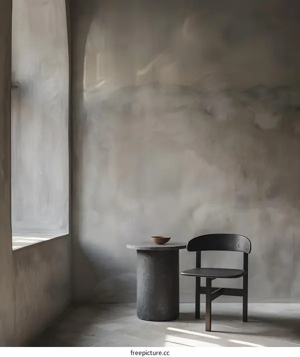 Minimalist Interior Design with Stone Table and Wooden Chair in a Modern Apartment