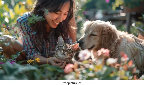 A smiling woman petting a cat and a dog in a garden