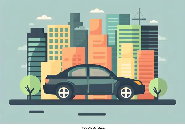 Flat Design Illustration of a Car Driving Through a Cityscape