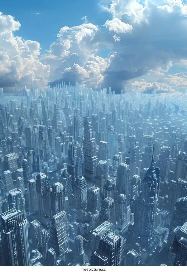 A Skyline of Futuristic Buildings Reaching towards the Blue Sky