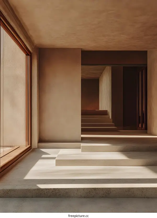 Modern Minimalist Interior Design With Beige Walls And Concrete Stairs