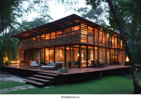 Modern Wooden House with Large Windows and Deck in the Forest