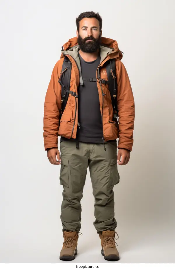 man in orange jacket and green pants with backpack standing in front of white background