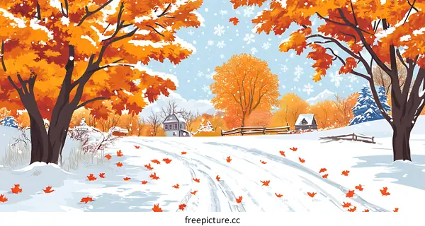 Winter Wonderland With Falling Snow and Red Maple Leaves