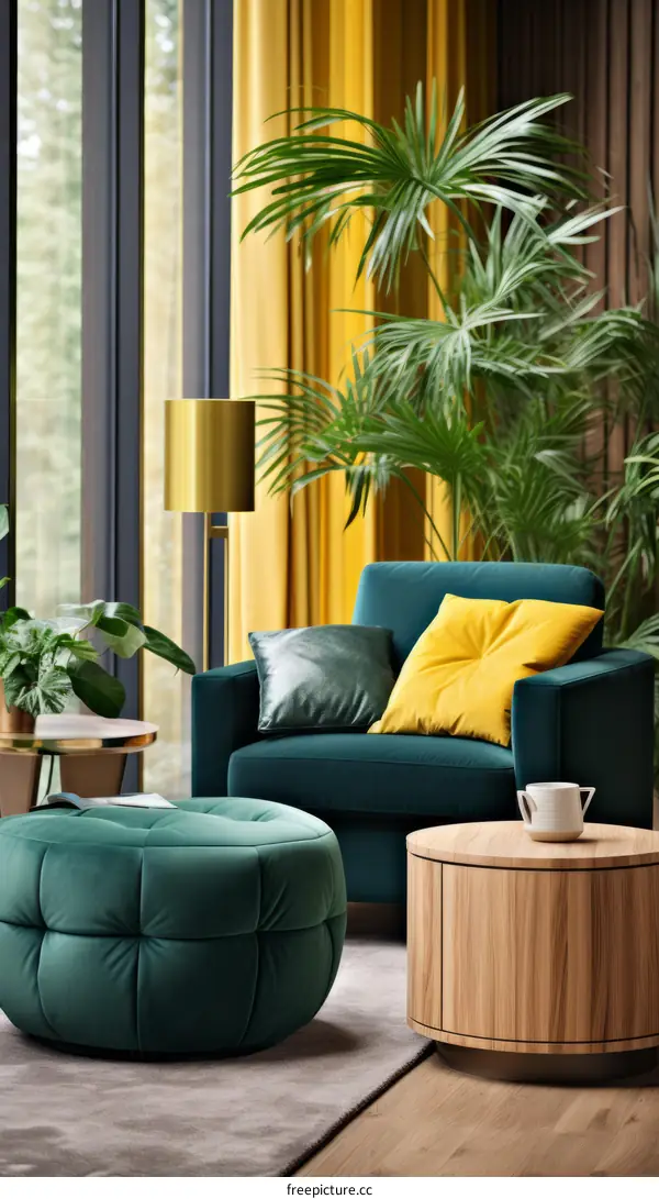 Green Velvet Armchair and Ottoman with Yellow Pillows by Window