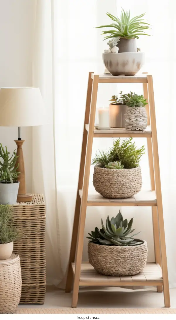 Four Potted Plants on a Wooden Shelf
