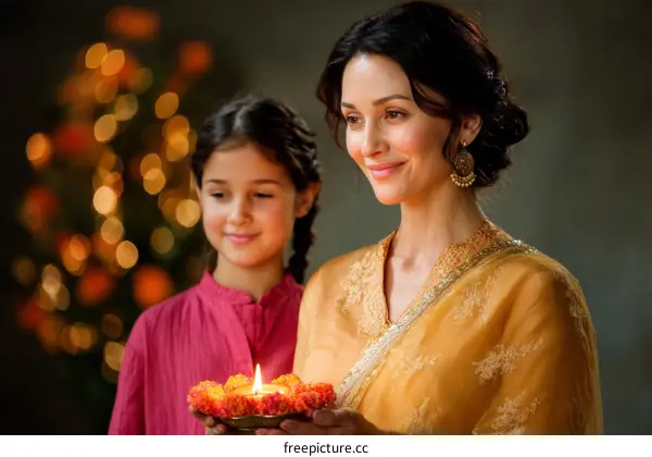 Indian Mothers and Daughter Celebrating Diwali