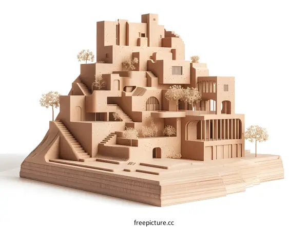 Wooden Architectural Model on White Background