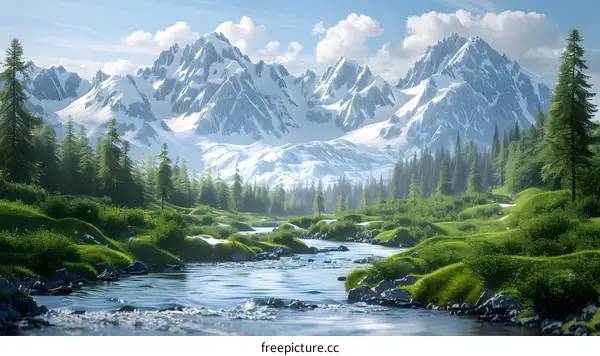 Mountain Landscape With River And Snow Capped Peaks