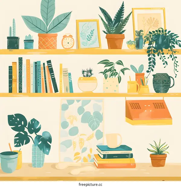 Hand Drawn Illustration of Shelf with Plants Books and Other Objects
