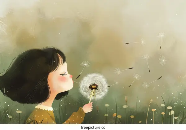 A Little Girl Blowing Dandelion Seeds in a Field