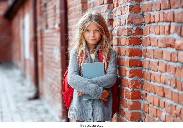 Student girl with a red backpack and books