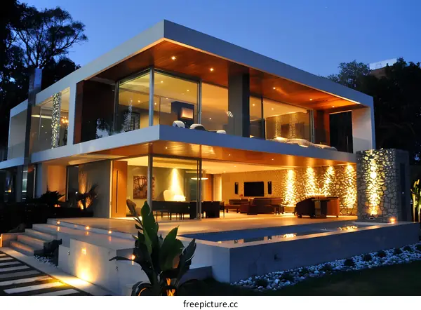 Modern Luxury House With Swimming Pool At Night
