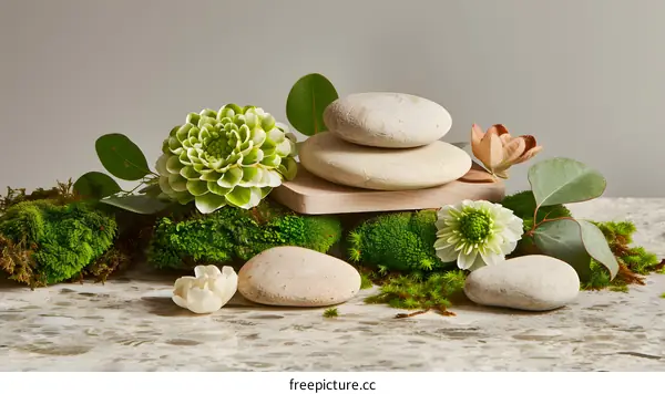 Spa Relaxation with Stones, Moss, and Flowers