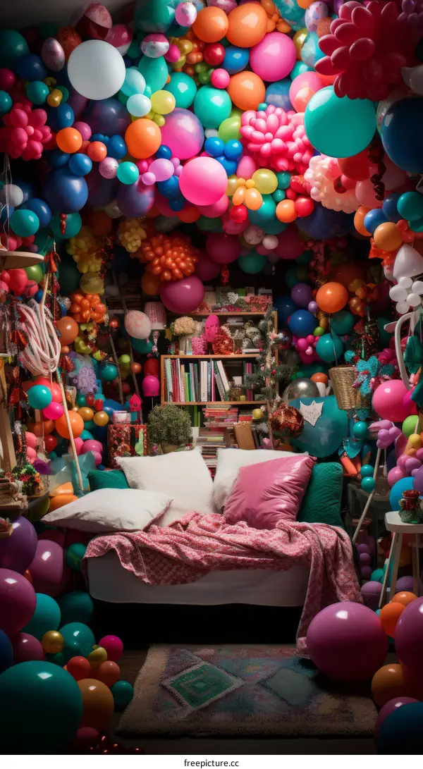A Surreal Bedroom Filled with Colorful Balloons