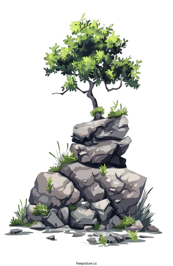 [Transparent Background PNG]Green Tree Growing on a Stack of Rocks