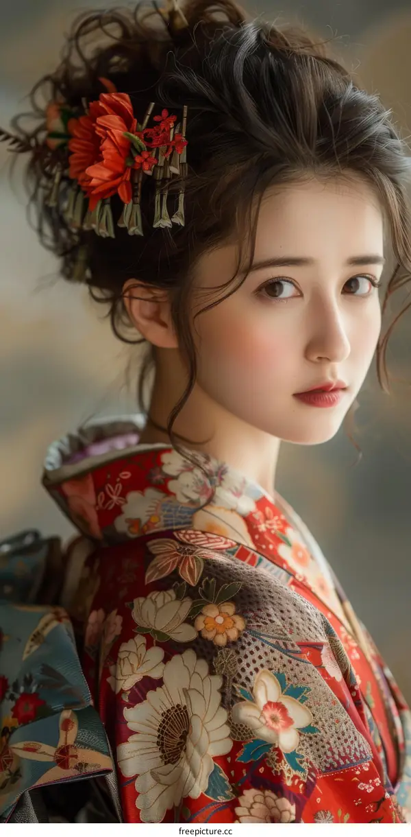 Portrait of a beautiful young woman in a kimono