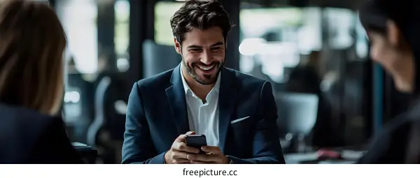 Smiling Businessman Looking At Phone In Meeting