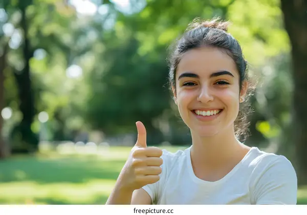 Smiling Woman with Thumbs Up in a Park