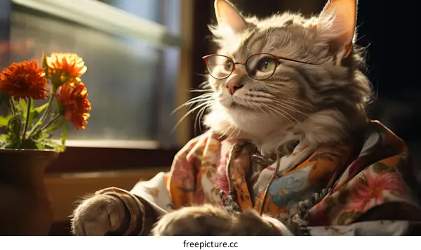 A cat wearing glasses is sitting in front of a window