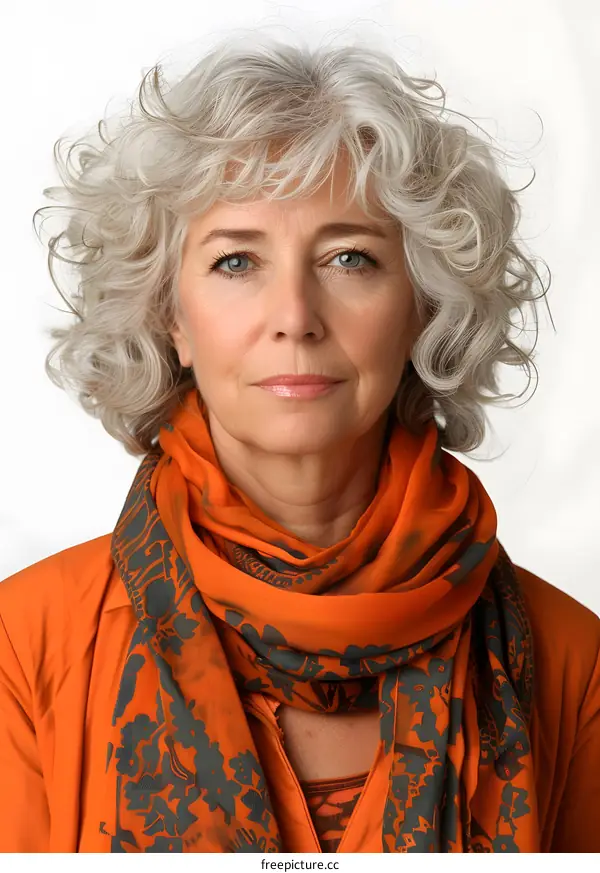 portrait of a woman with curly gray hair and an orange scarf