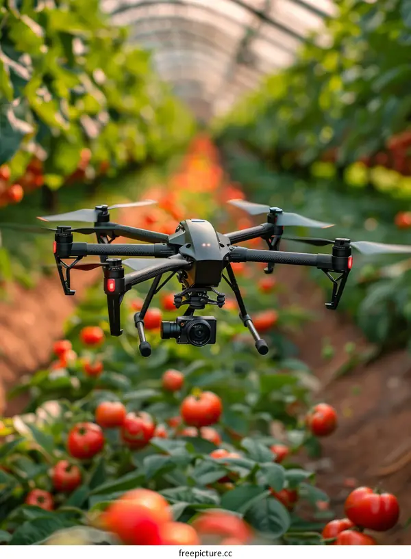 A drone is flying over a field of tomatoes