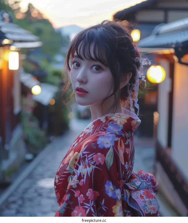 Asian Woman in Traditional Japanese Kimono at Sunset