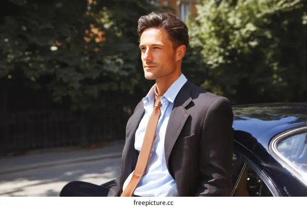 Stylish Caucasian Man in Formal Wear by a Classic Car