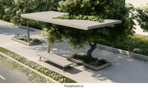 Modern Bus Stop Design with Tree and Bench