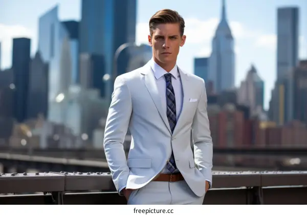 A man in a suit standing on a bridge with the city in the background