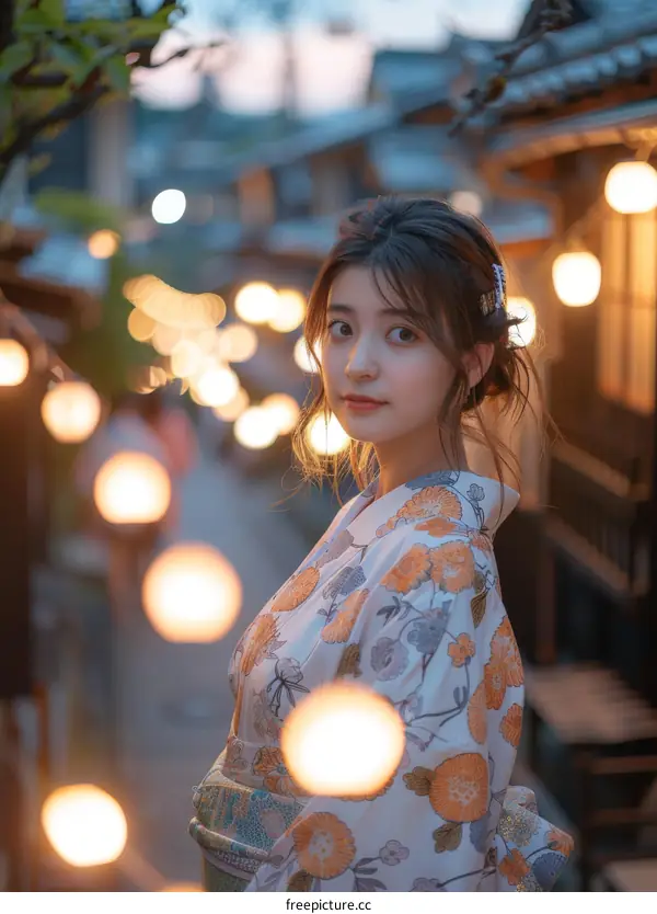 Asian Woman in Traditional Japanese Kimono at Night Market