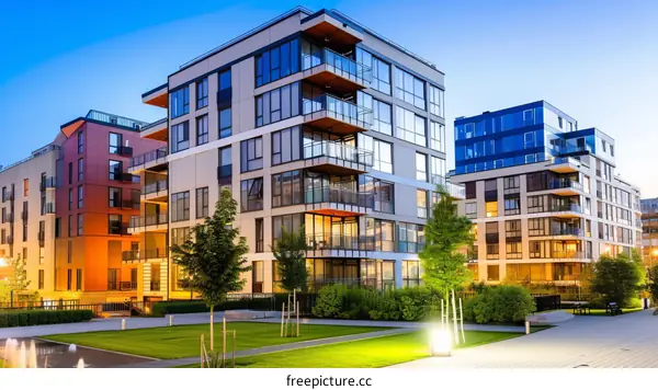 Modern apartment buildings with glass windows and balconies in an urban city at dusk