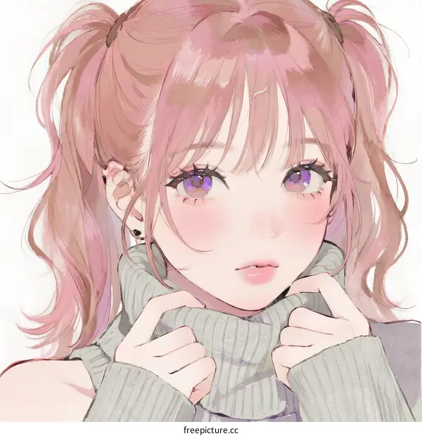 A Young Pink Haired Anime Girl with Double Ponytails Wearing Gray Sweater